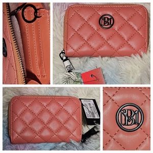 3/$25 NEW Badgley Mischka Small Diamond Coin Purse with Key Ring In Coral